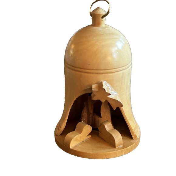 Holy Land Made in Israel Nativity Ornament Wood Jesus Mary Joseph Bell Manger - Picture 1 of 9